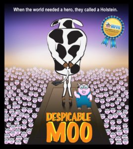 Despicable Moo, a holstein cow standing with thousands of piggie minions